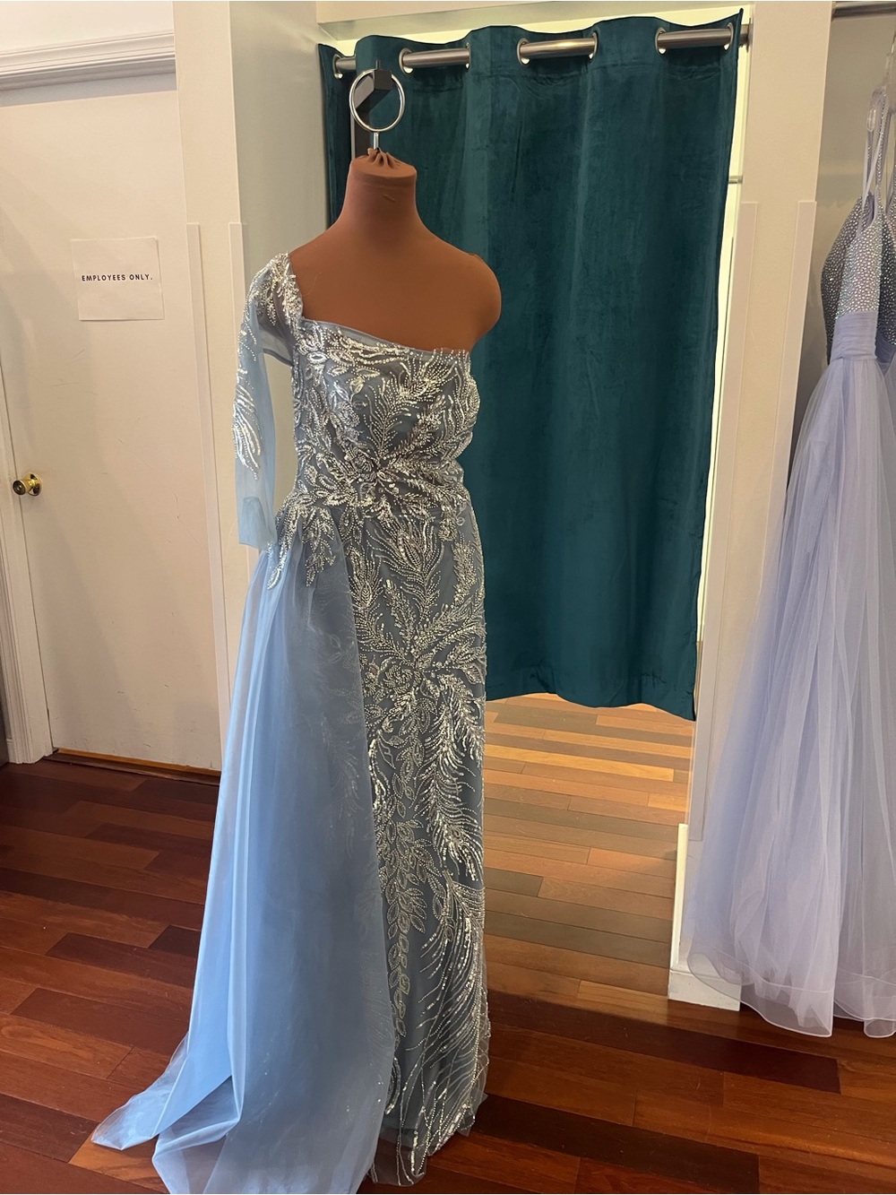 Beaded One-Sleeve Tulle Cape Fit Gown